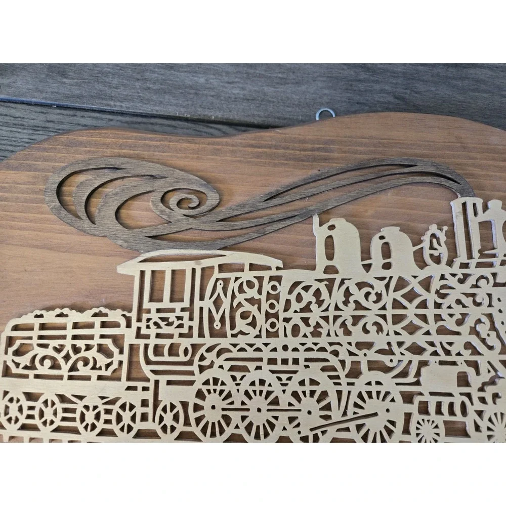 Vintage Train Locomotive Scroll Saw Wood Handcrafted Wall Folk Art Décor Plaque